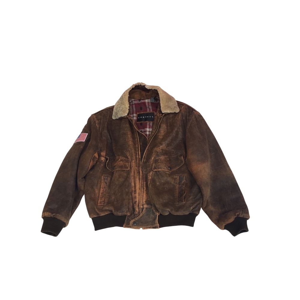 Vintage Context Distressed Brown Leather Bomber Jacket Shearling Collar Mens XL